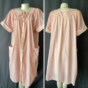 Vintage 90s M-XL Zip Wrap Snap House Coat Robe Dress Pink White Gingham Pockets